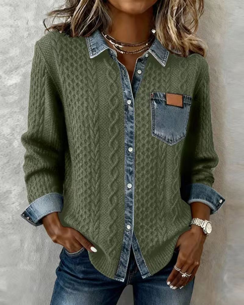 ✨ Cardigan in denim lavorato a maglia da donna – Elegante maglia a maniche lunghe, comodo capo spalla autunnale e invernale
