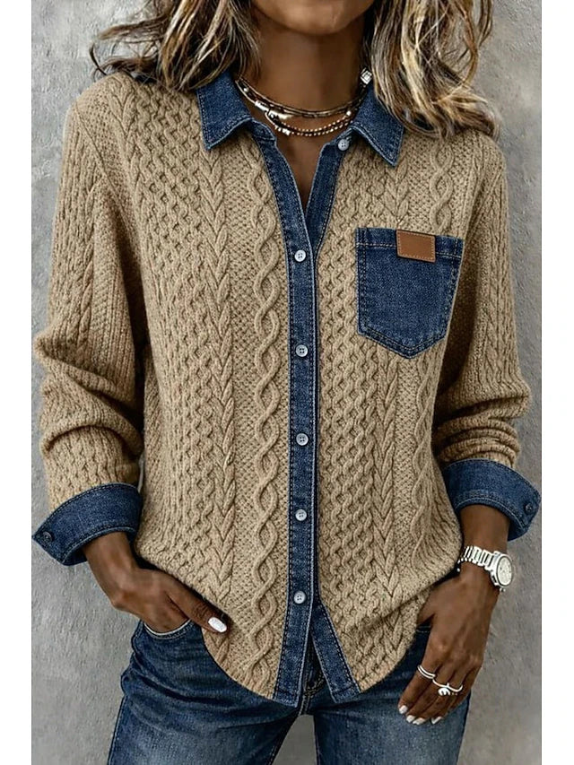 ✨ Cardigan in denim lavorato a maglia da donna – Elegante maglia a maniche lunghe, comodo capo spalla autunnale e invernale