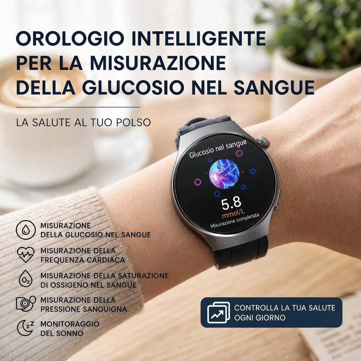 🔥 Smartwatch Bluetooth per il monitoraggio della salute – Misurazione della glicemia, monitoraggio del sonno, funzioni sportive e design rotondo impermeabile