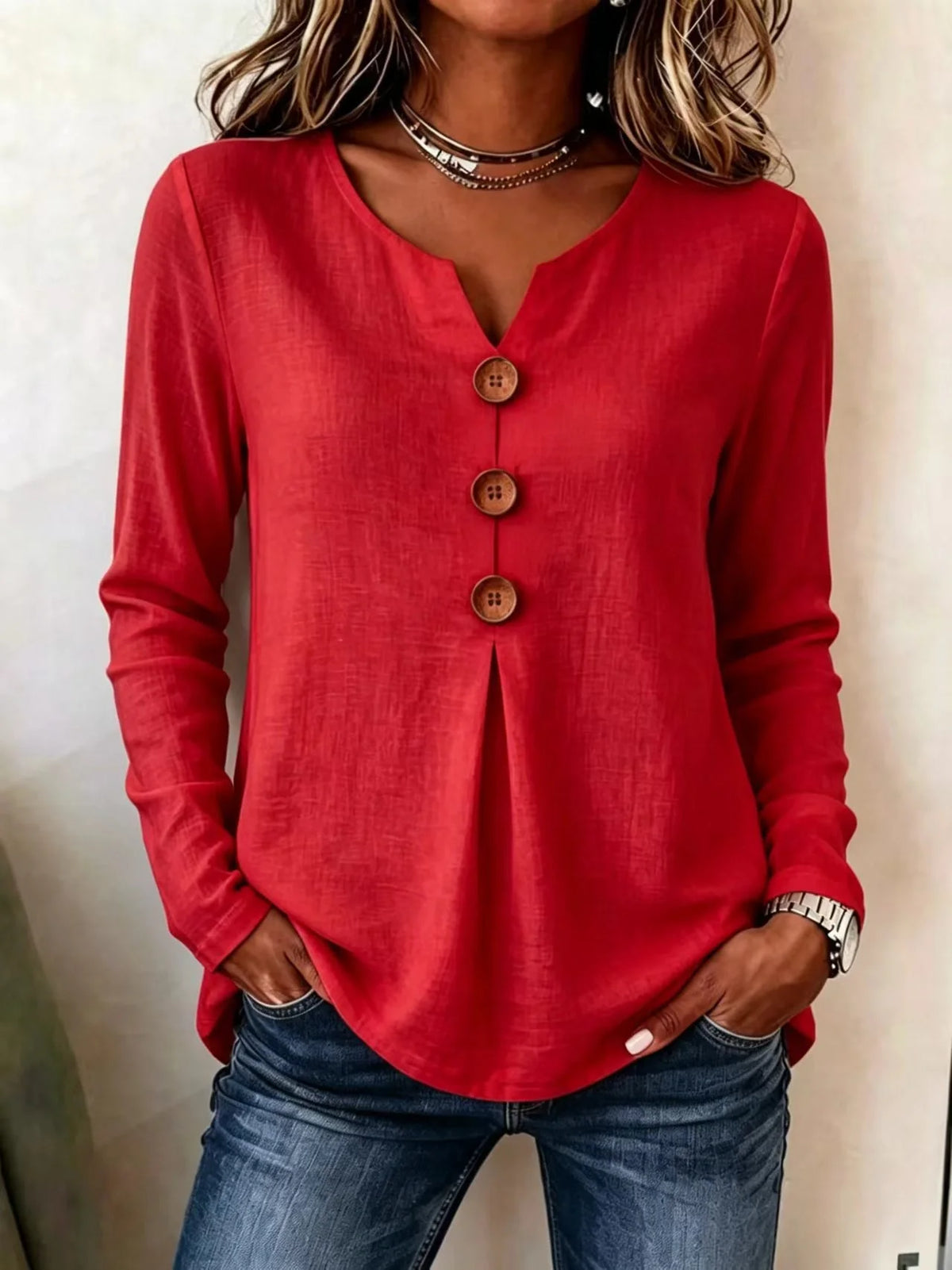 ✨ Maglia donna effetto waffle – Taglio morbido e comodo per donne mature, elegante scollo a V e comfort leggero per ogni giorno