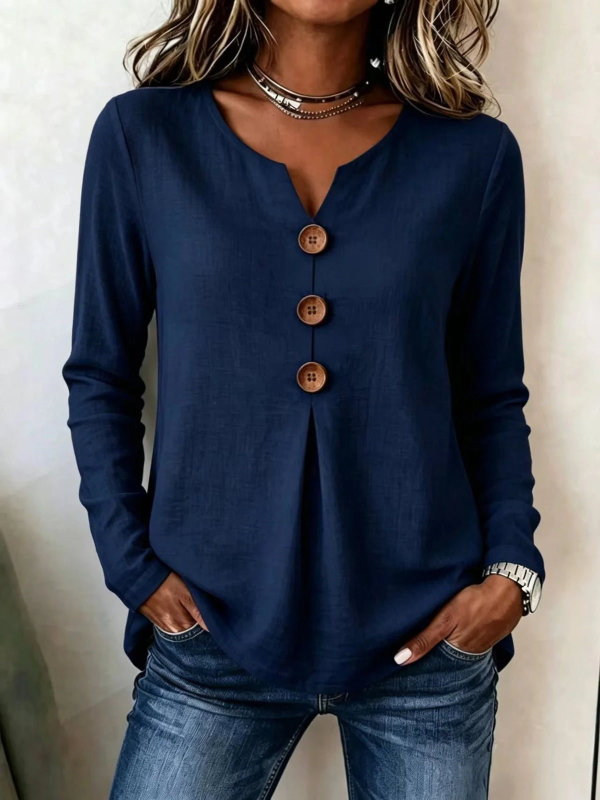 ✨ Maglia donna effetto waffle – Taglio morbido e comodo per donne mature, elegante scollo a V e comfort leggero per ogni giorno