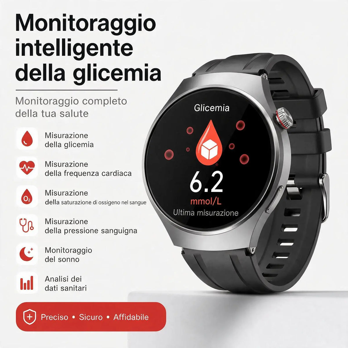 🔥 Smartwatch Bluetooth per il monitoraggio della salute – Misurazione della glicemia, monitoraggio del sonno, funzioni sportive e design rotondo impermeabile