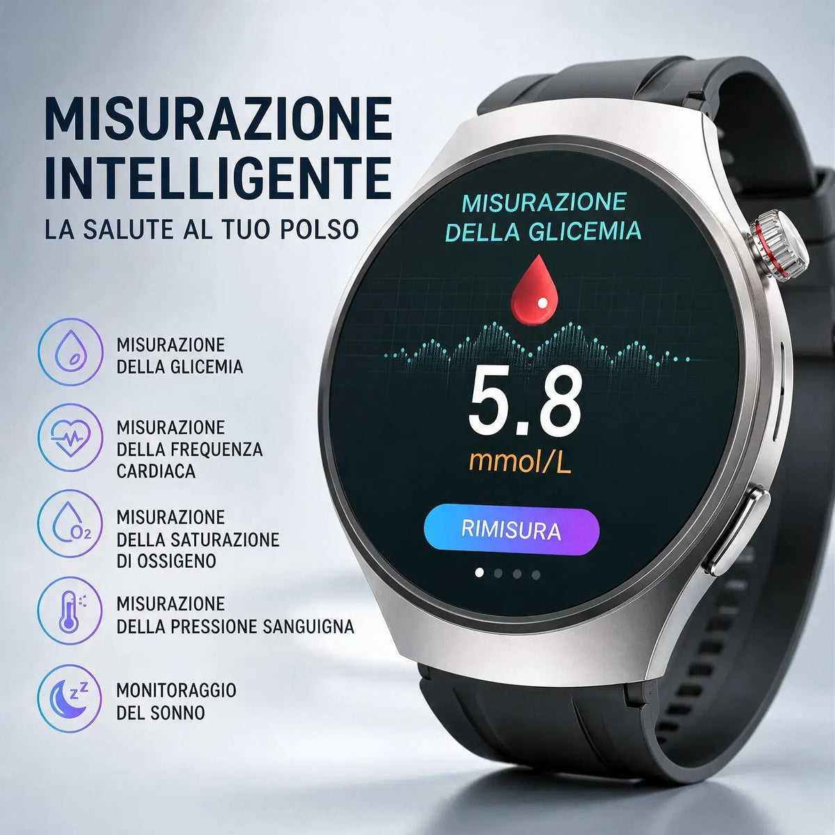 🔥 Smartwatch Bluetooth per il monitoraggio della salute – Misurazione della glicemia, monitoraggio del sonno, funzioni sportive e design rotondo impermeabile